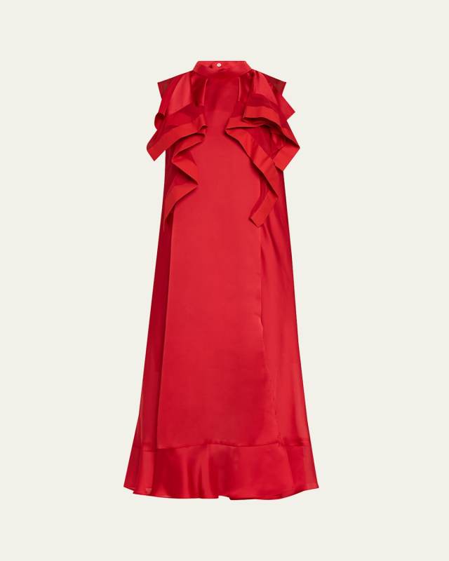 Ruffle Front Satin Maxi Dress